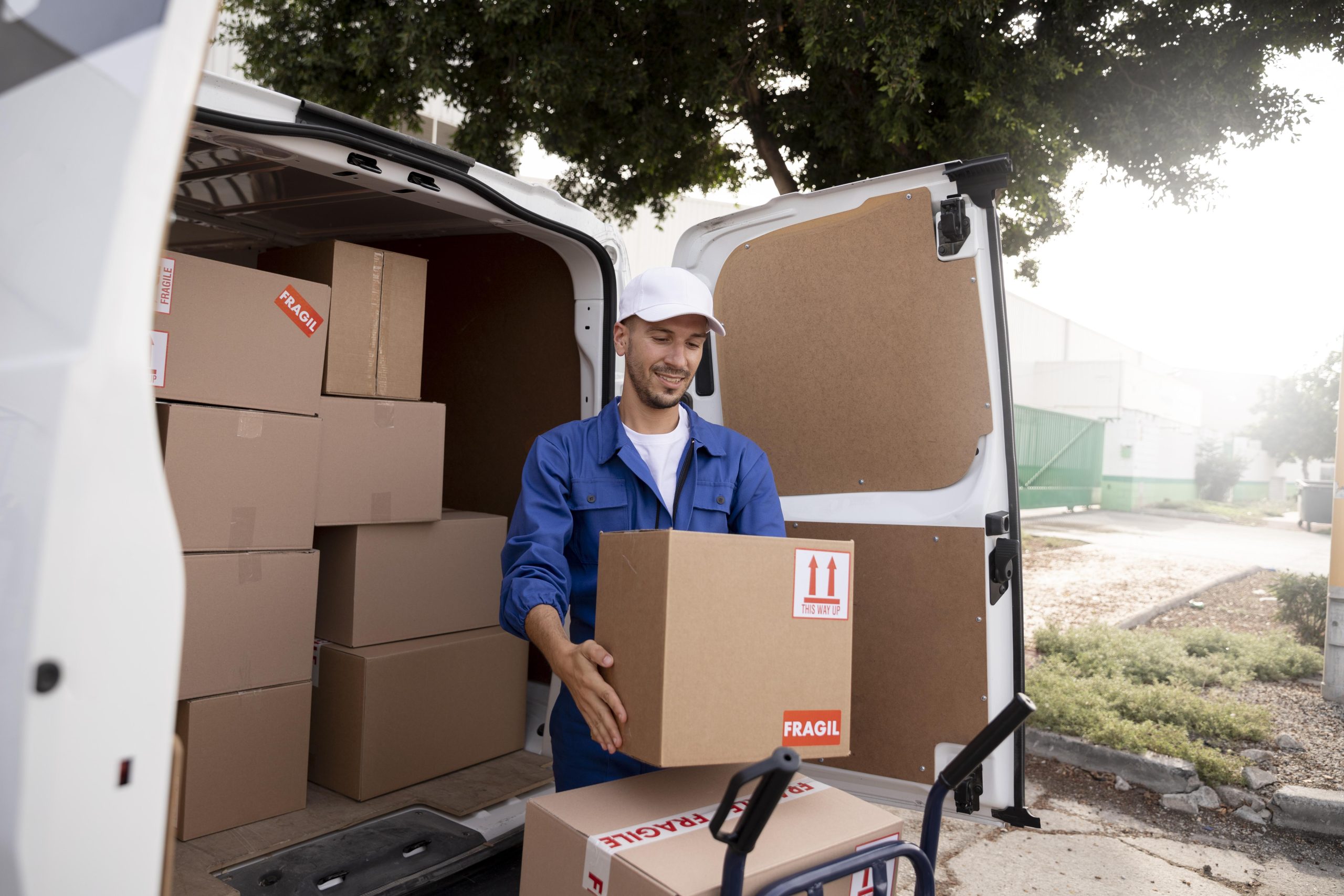 Delivery worker unloading cardboard boxes from a van