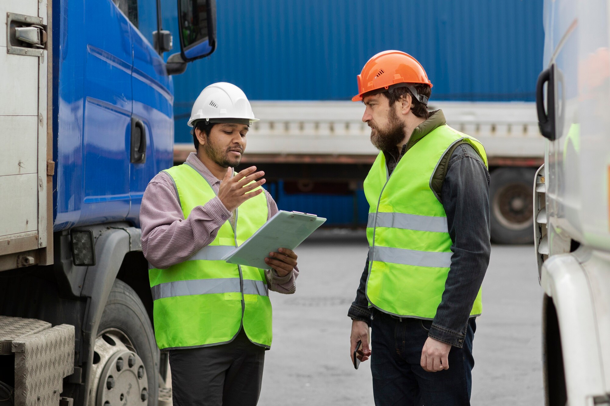 Logistics workers discussing operations at a shipping container yard