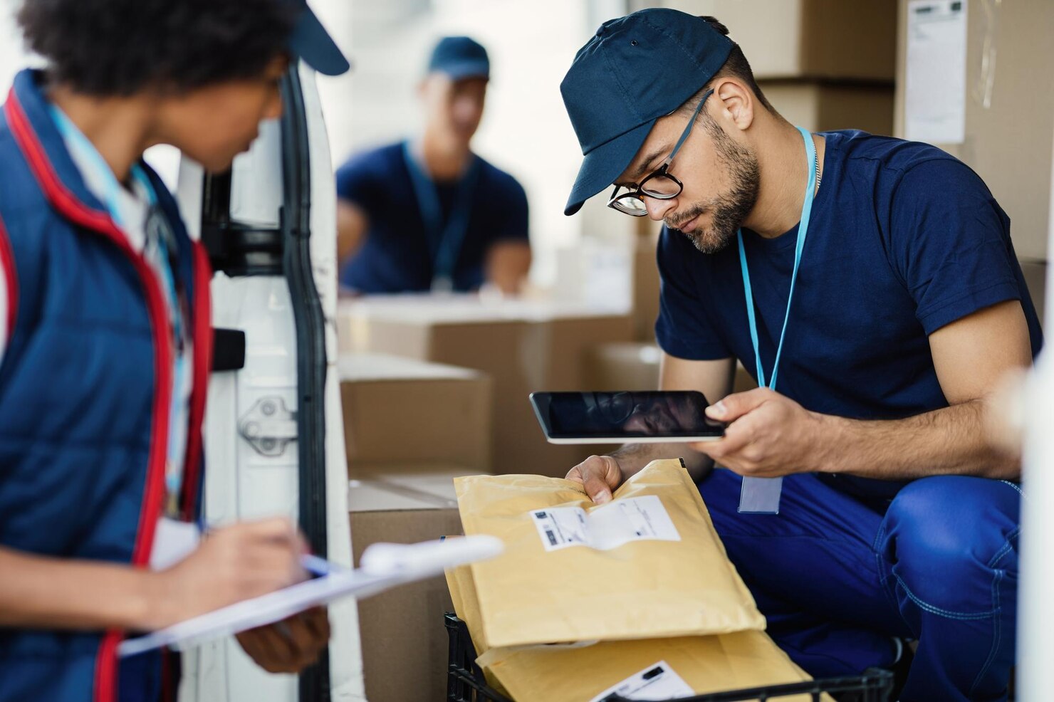 Young delivery worker using a digital tablet in a warehouse