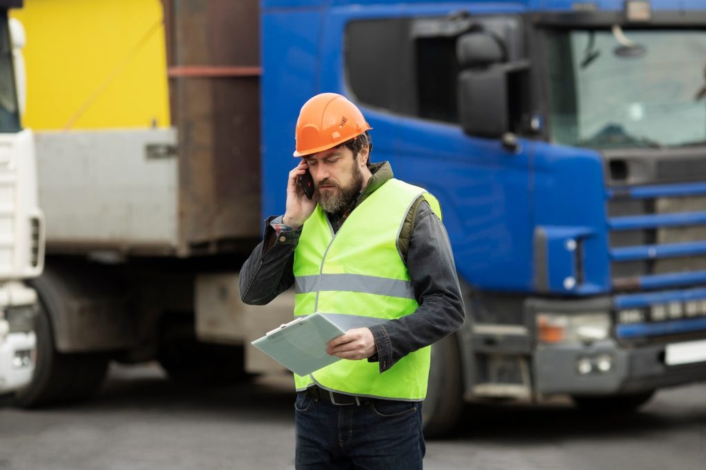 Warehouse worker wearing a safety vest and talking on the phone