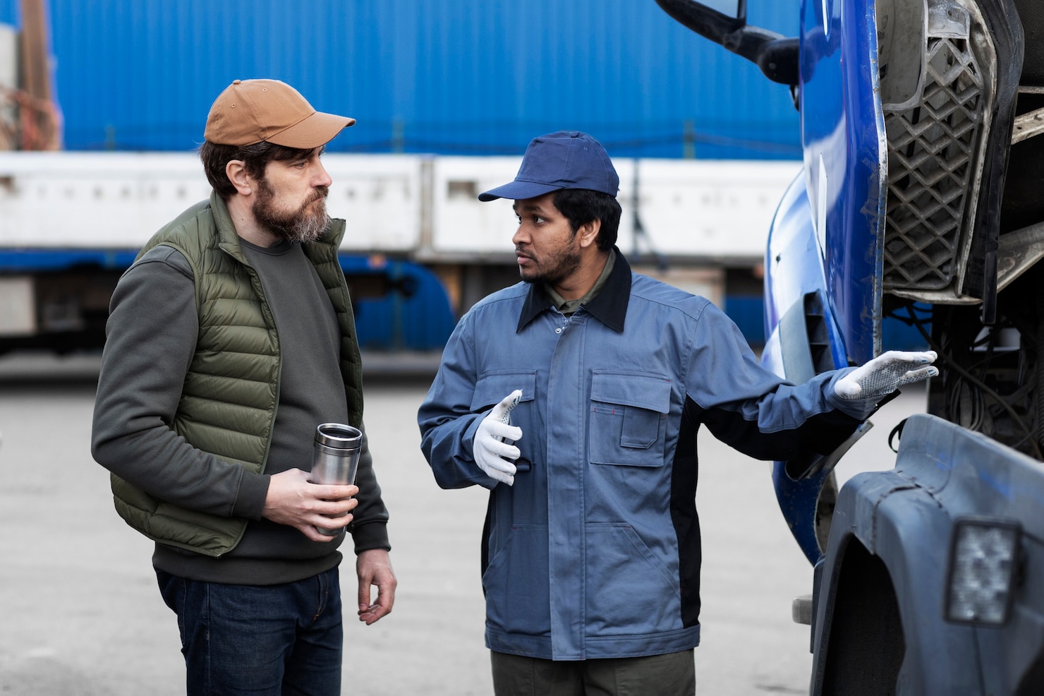 Two truck drivers talking beside a commercial vehicle